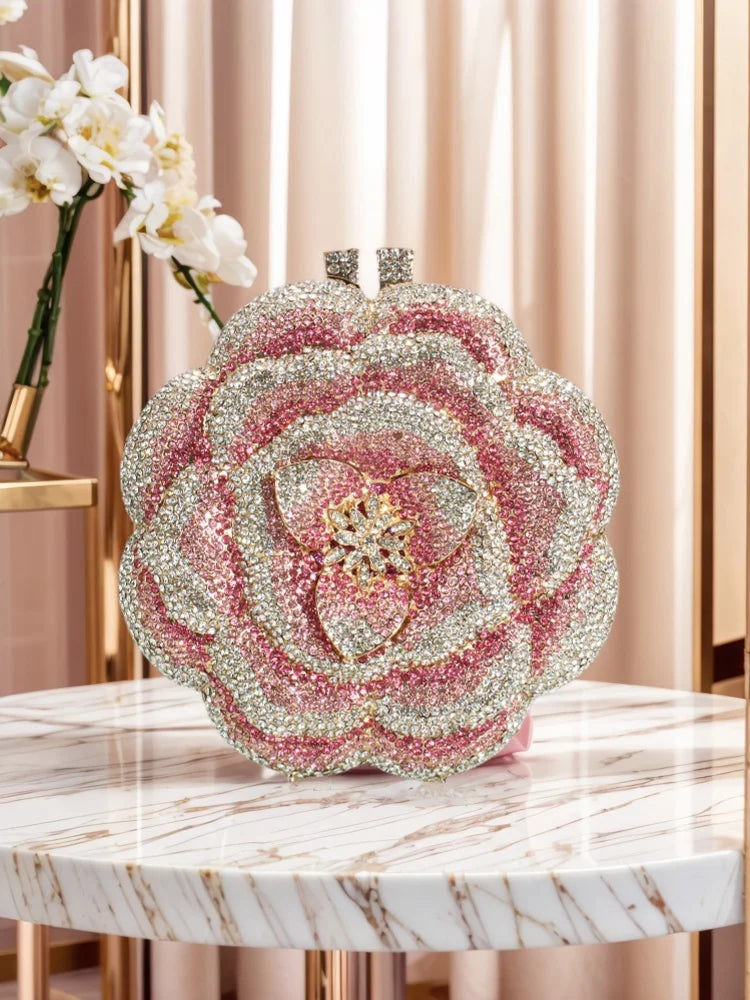 Glitter Women Floral Rhinestone Bag Dazzling Rose Crystal Evening Clutch Bridal Wedding Purse Handbag for Prom Party