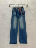 New high-end customized women's casual jeans, classic old flower leather brand high waist straight wide leg jeans