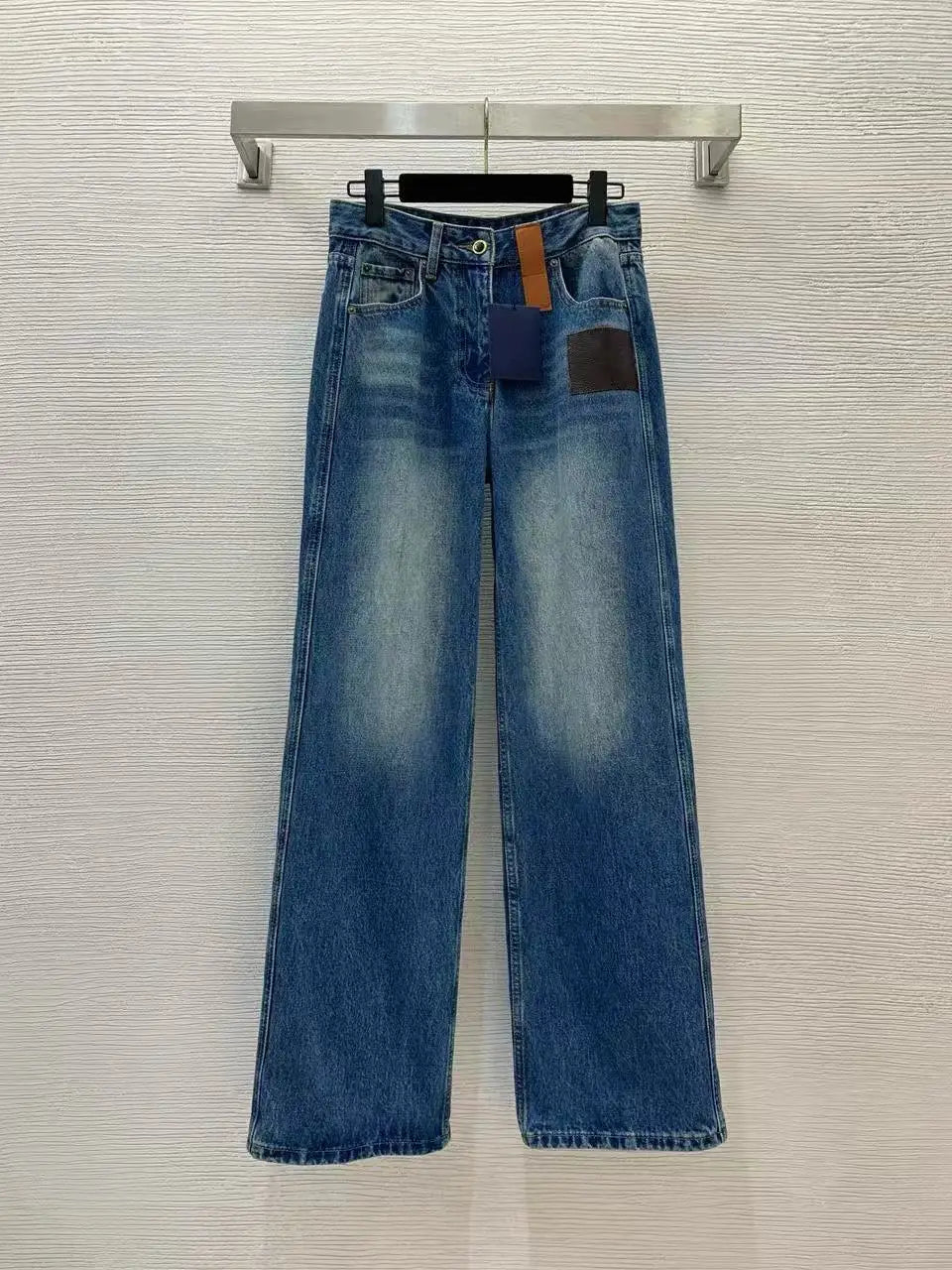 New high-end customized women's casual jeans, classic old flower leather brand high waist straight wide leg jeans