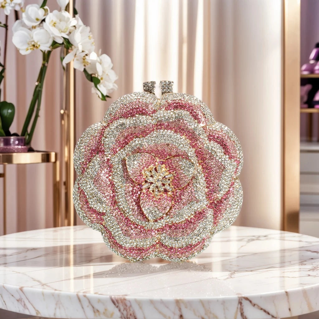 Glitter Women Floral Rhinestone Bag Dazzling Rose Crystal Evening Clutch Bridal Wedding Purse Handbag for Prom Party