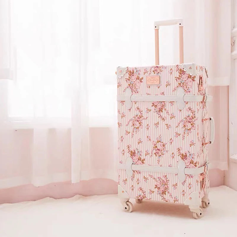 New Vintage travel suitcase women set handbag boarding trolley luggage universal wheel fresh floral fashion bag 20/22/24/26 inch