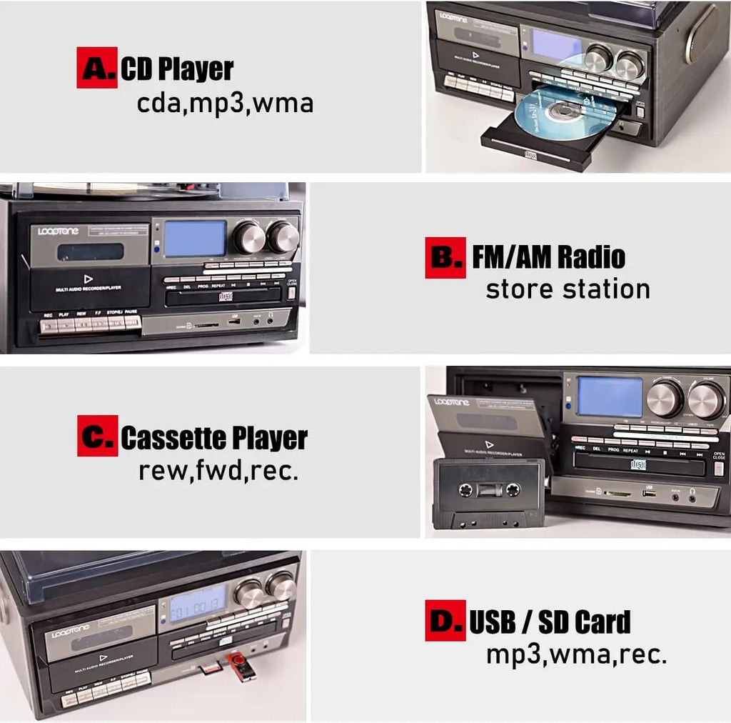 10-in-1 Vintage Turntable: 3-Speed Bluetooth, CD, Cassette, AM/FM Radio, USB, Aux, RCA (Black-Grey)