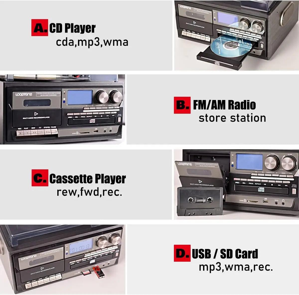 10-in-1 Vintage Turntable: 3-Speed Bluetooth, CD, Cassette, AM/FM Radio, USB, Aux, RCA (Black-Grey)