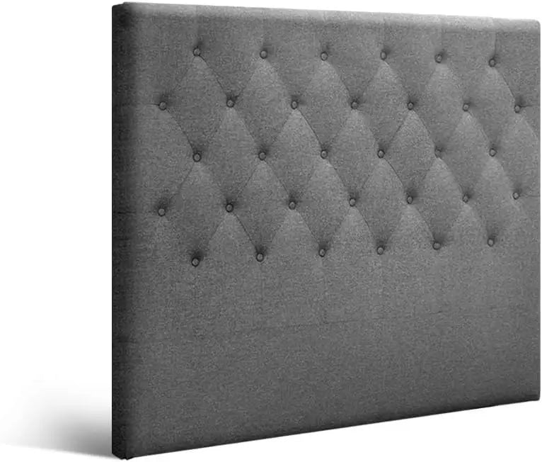 King Single Bed Headboard Headboards Tufted Beds Head Frame Base Upholstered with Grey Faux Linen Fabric Foam Wood, 116 x 120 x