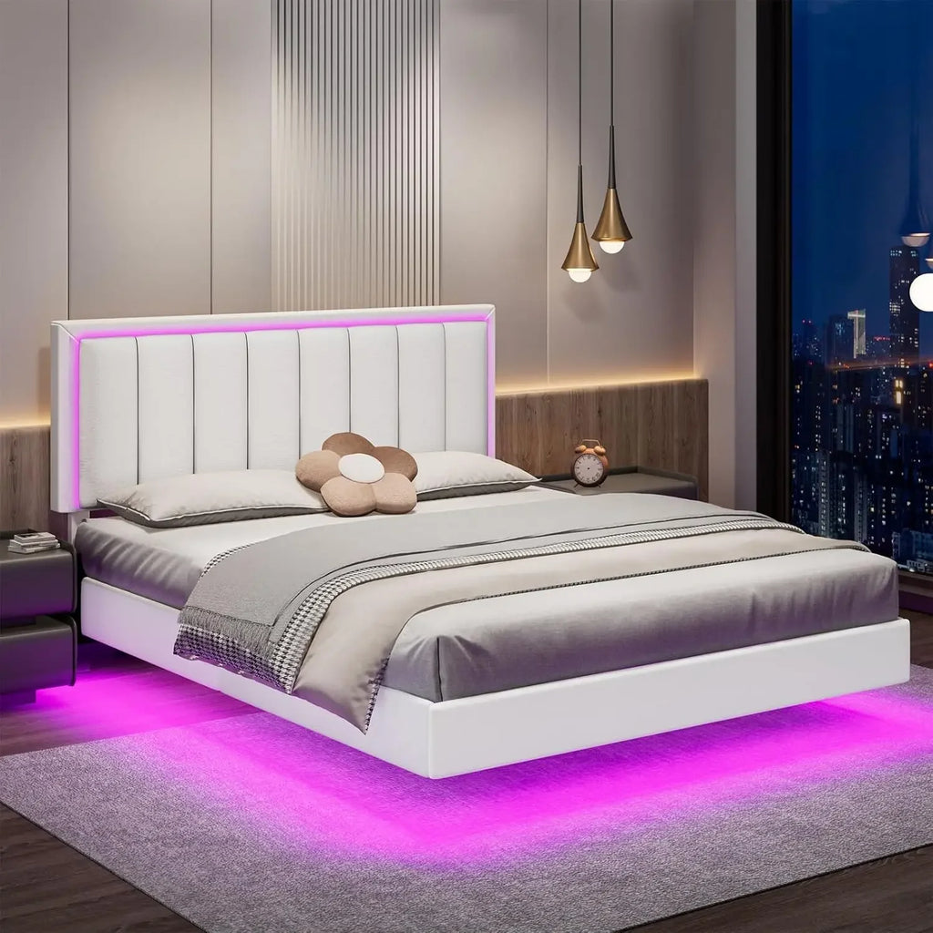 Bed Frame, Upholstered Bed Frame Queen Size with Headboard, RGB LED Ligths, Solid Wood Slats Support, No Box
