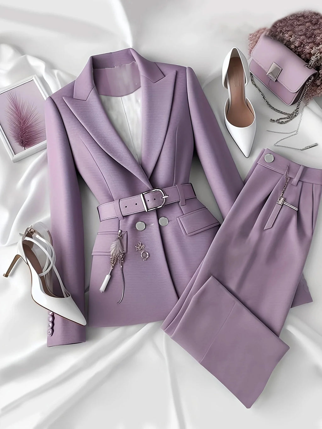 Urban elegant temperament solid color commuter office business suit jacket with belt and long trousers two-piece set, office bus