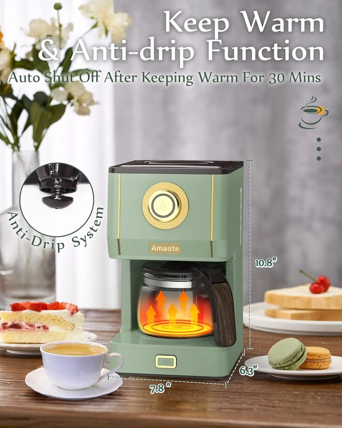 Drip Coffee Maker, Coffee Machine with 25 Oz Glass Coffee Pot, Retro Style Coffee Maker with Reusable Filter & Three Brewing