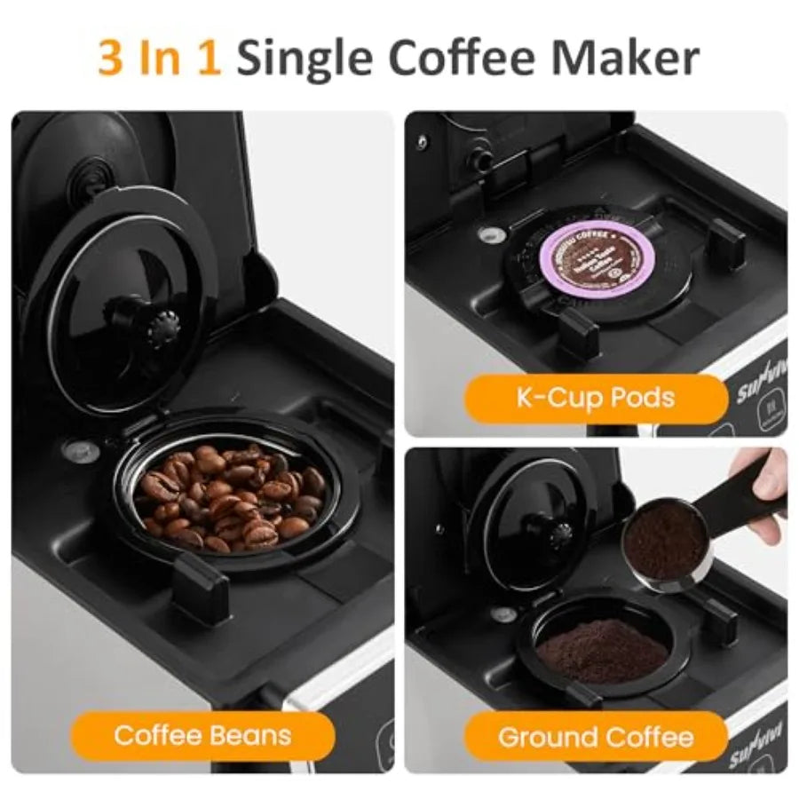 Coffee Maker with Grinder for Home Office Use, Stainless Steel Black/Silver, 3-in-1 Capsule/Ground/Tea Brewing, 614 Oz Cup, 50