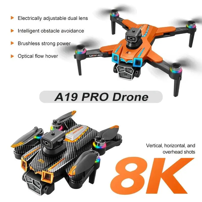 8K triple camera drone, A19 max pro aircraft, dual battery configuration, dual aerial cameras, one-touch takeoff, brushless wind-resistant motor, easy operation for beginners. A new drone worth owning in 2026