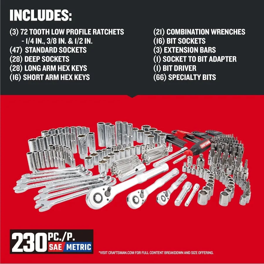 230 Pcs Mechanics Tool Set Socket Wrench Set Car Tool Kit with VERSASTACK Toolbox SAE and Metric 1/4 in 3/8 in and 1/