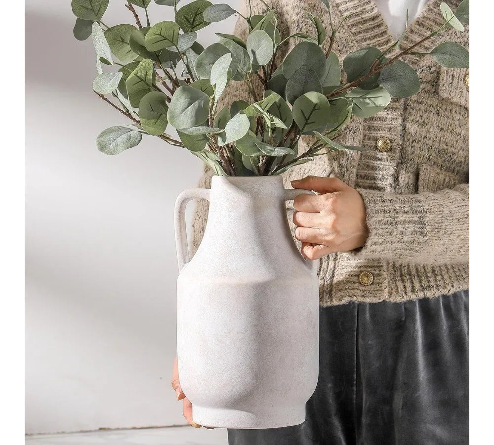 11 Inch Tall Off-White Ceramic Flower Vase with Handles, Large Farmhouse Rustic Pottery Vase for Home Decor Living Room Table