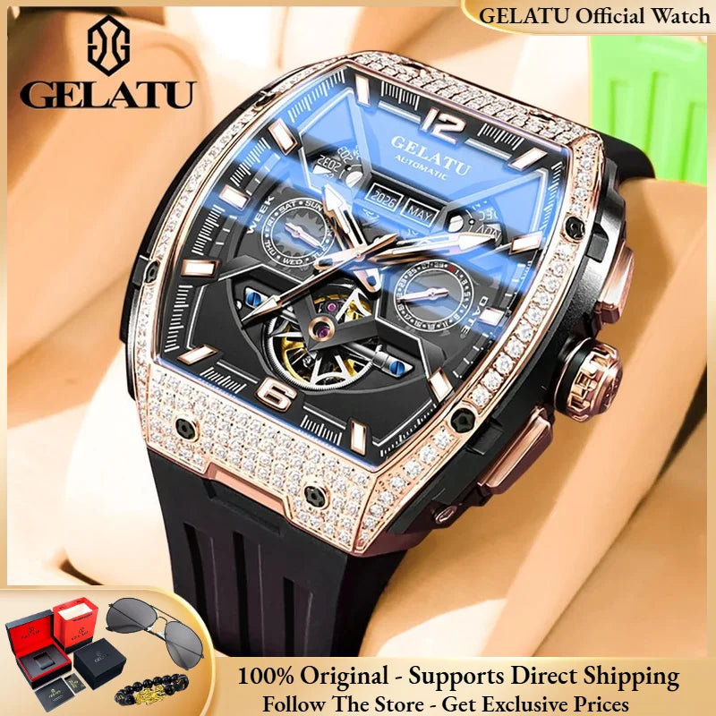 GELATU 6016 Skeleton Flywheel Automatic Men Watch Original Waterproof Silicone Strap Luxury Brand Diamond Men Mechanical Watch