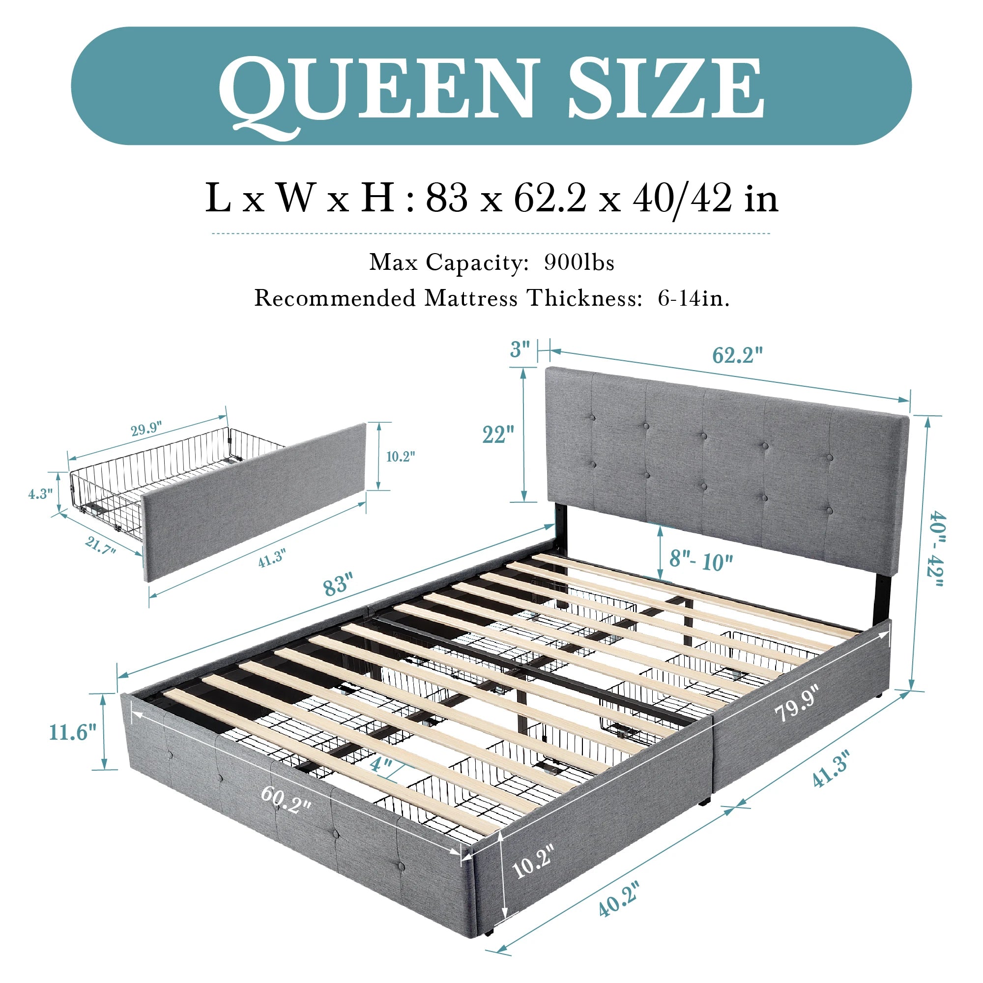HOOMIC Platform Storage Bed Frame with 4 Drawers, Adjustable Headboard with Square Stitched Button Tufted Design Allewie
