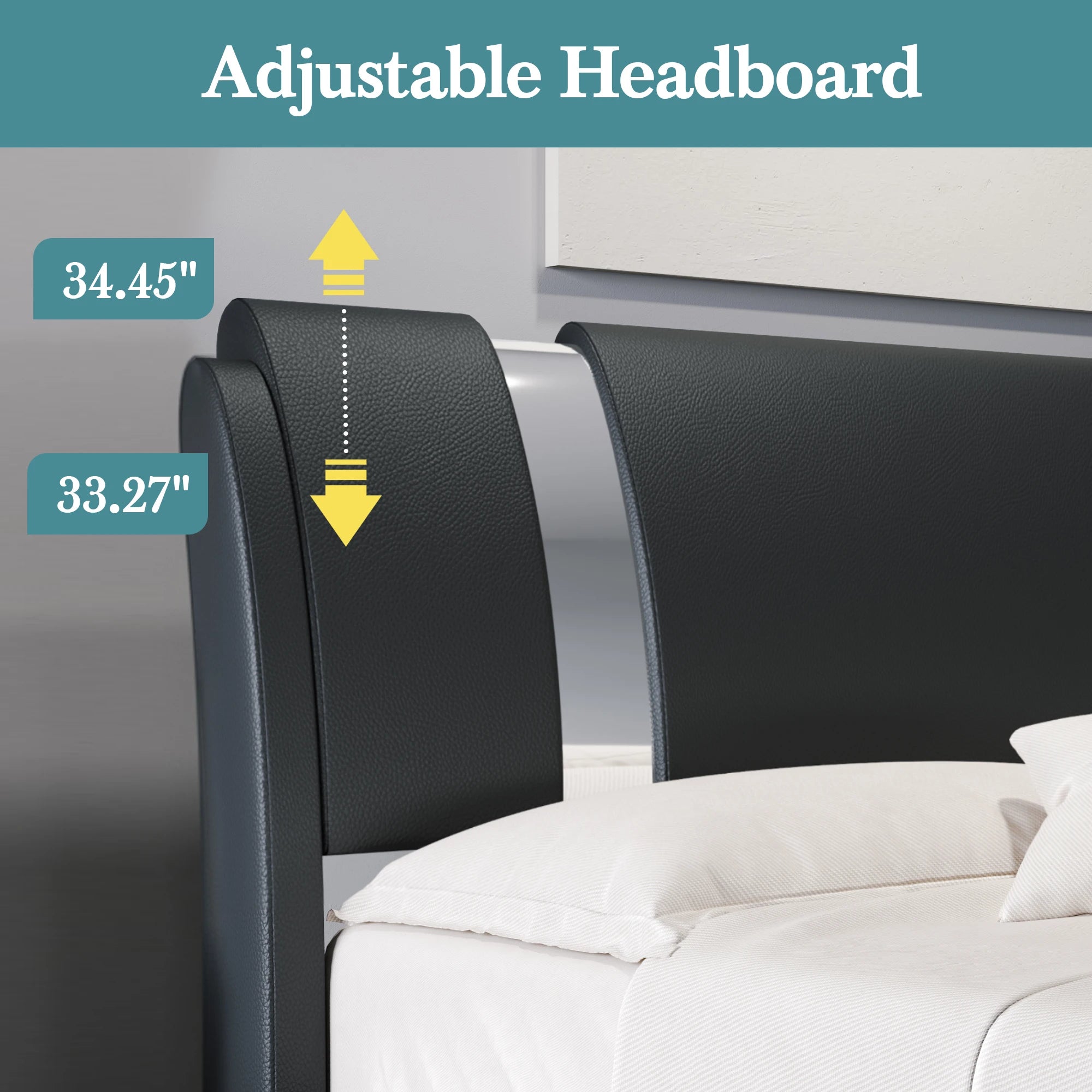 HOOMIC Modern Faux Leather Bed Frame with Iron Pieces Decor, Low Profile Platform Bed with Height-Adjustable Headboard