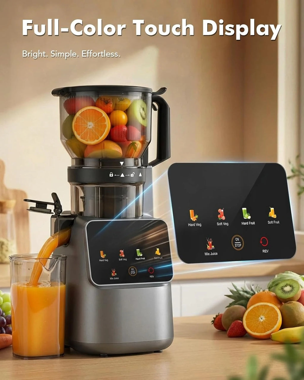 Cold Press Juicer Machines, 5.8'' Large Feed Chute for Whole Fruits and Vegetables, 300W Slow Masticating Juicer, High Juice Yield, 5 Smart Modes, Easy to Clean