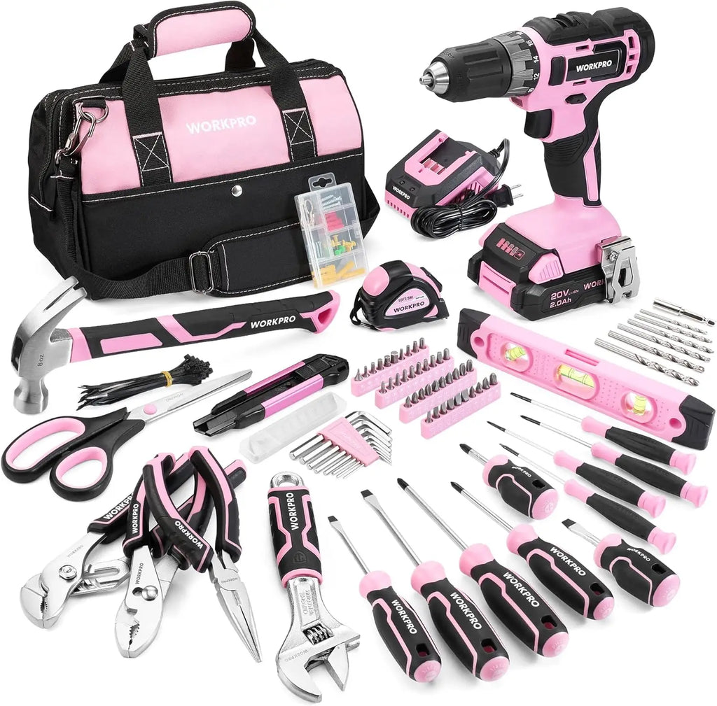 Pink Tool Kit with 20V Cordless Drill, 157PCS Home Repair Set for Women, Includes Storage Bag