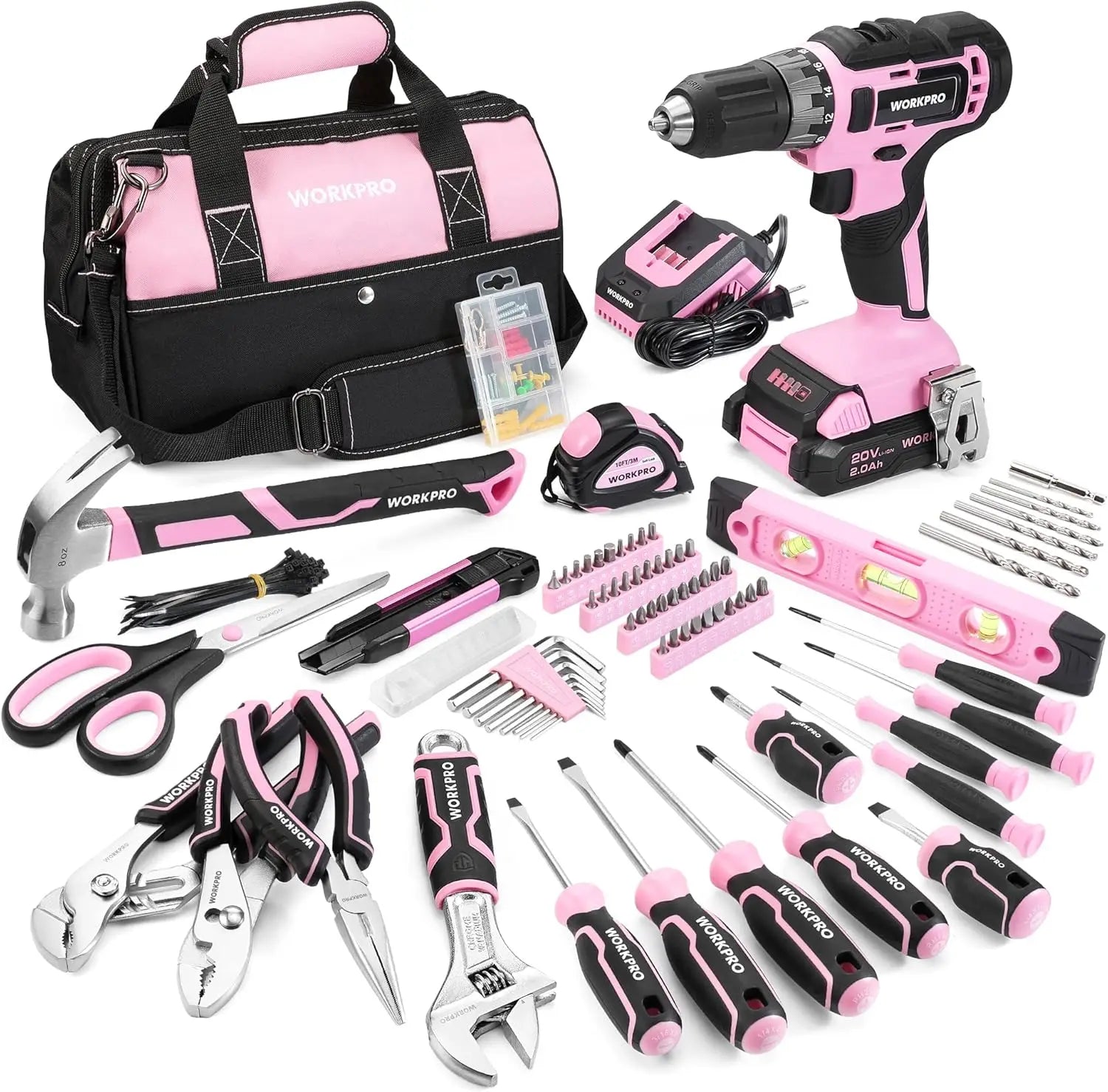 Pink Tool Kit with 20V Cordless Drill, 157PCS Home Repair Set for Women, Includes Storage Bag