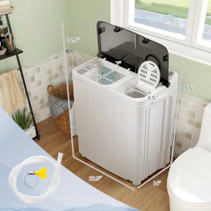 Portable washing machine for home, dorm, apartment, RV use; grey plastic unit with 17.6 lbs twin tub capacity 11 lbs washer + 6