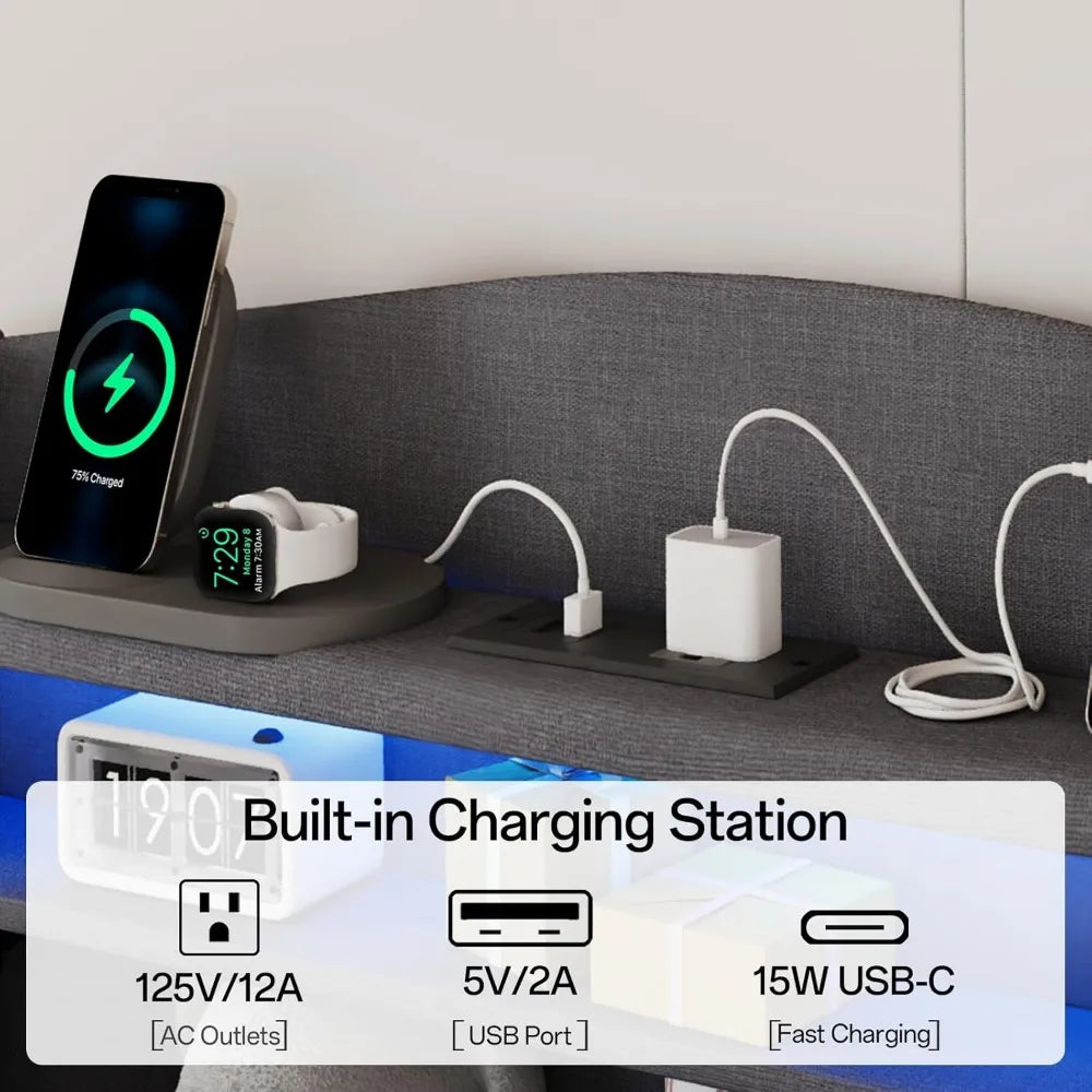 Frames with Storage Headboard, Upholstered Twin Size Bed Frame with Drawers, Charging Station and LED