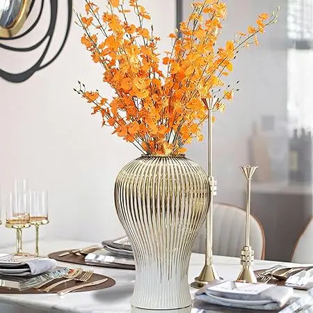 Large Handmade Porcelain Vase with Lid, White Gold Ceramic Decorative Flower Vase for Home Living Room Decor