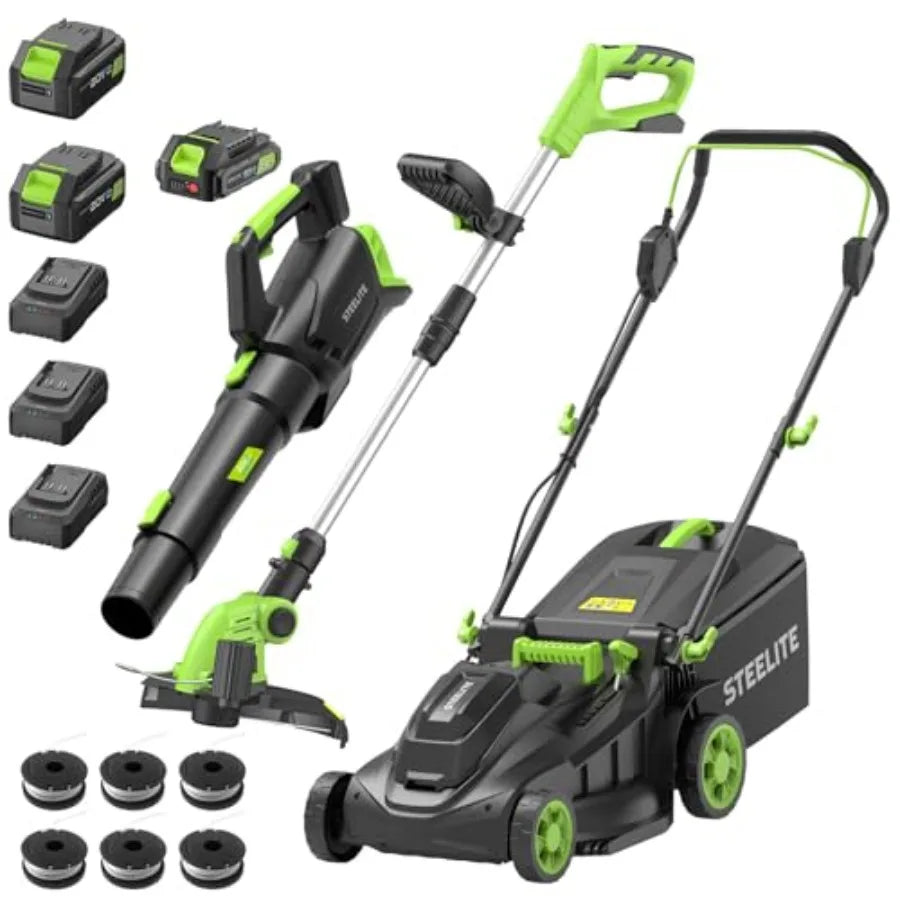 Lawn mower combo for residential use, brushless electric motor, black and gray, 40V dual-battery power with extended runtime an