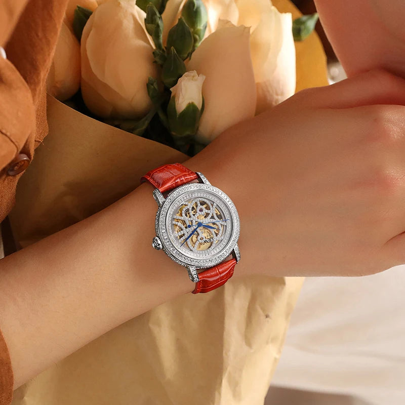 Luxury Mechanical Women Watches Brand Diamond Case Skeleton Elegant Leather Strap Waterproof Ladies Wristwatch Girls Dress Watch