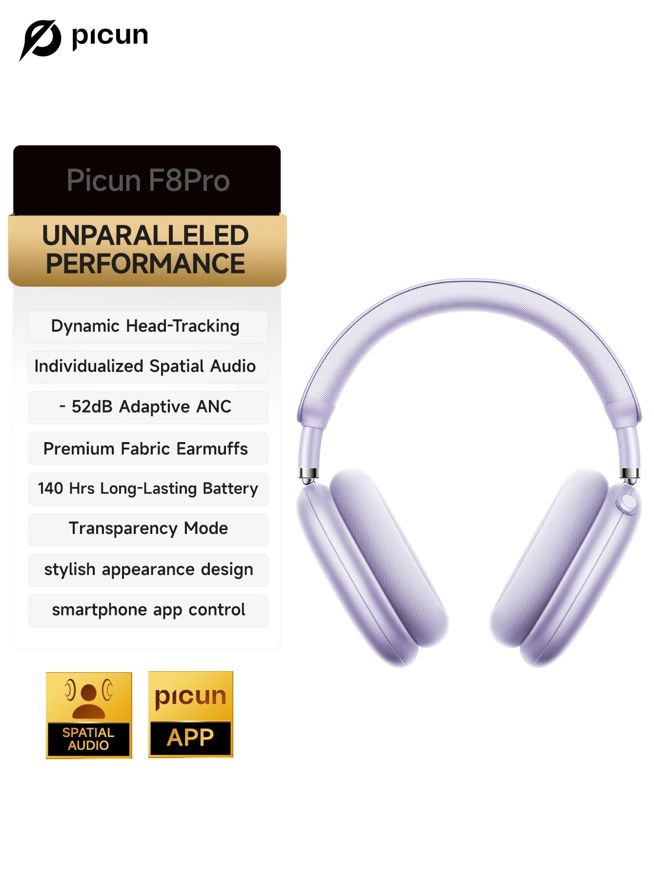 Picun F8 Pro -52dB Adaptive ANC Over Ear Headphone HIFI 3D Spatial Audio Wireless Earphone Bluetooth 6.0 140H Time Headset