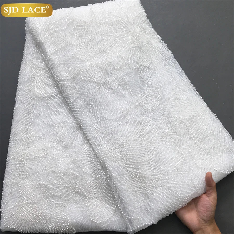 SJD LACE African Luxury Beads Mesh Lace Fabrics Nigerian Tulle 2025 French Tulle Beaded Net Lace for Women Evening Dresses A4034
