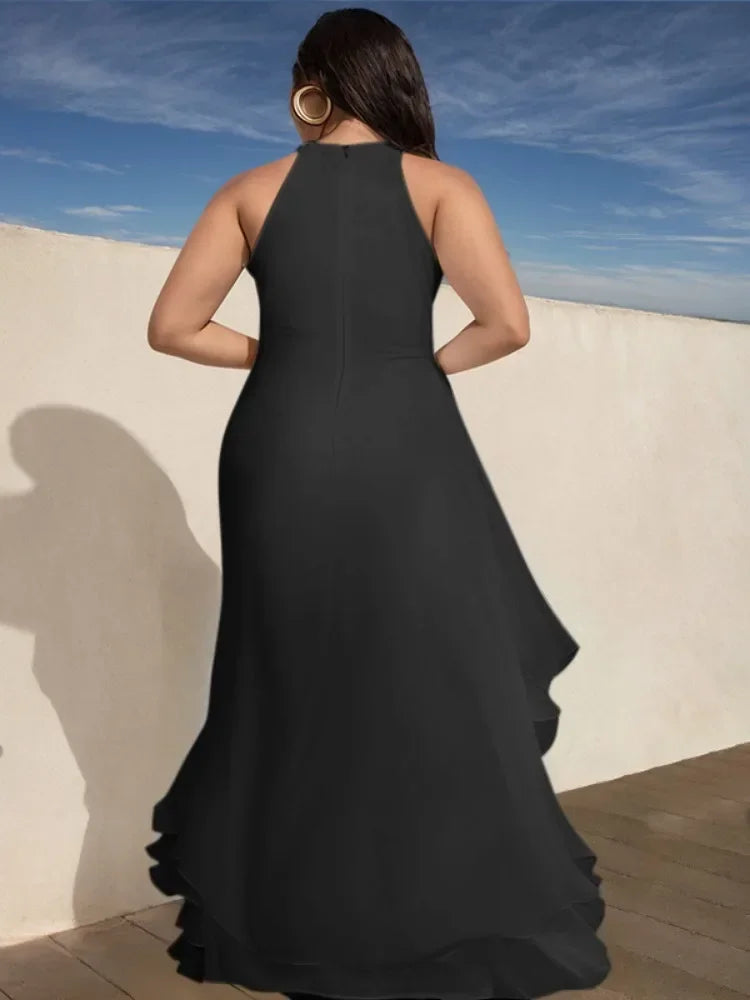 Modigirl Party Long Black Dresses for Women Loose Sleeveless Layered Ruffle Trim Split-Front Elegant Wedding Prom Maxi Dresses