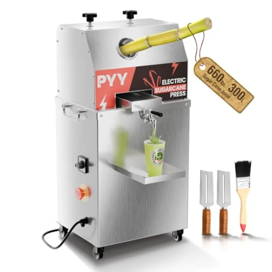 Commercial sugar cane juicer machine for food service, stainless steel 3-roller extractor in silver with efficient juice extrac