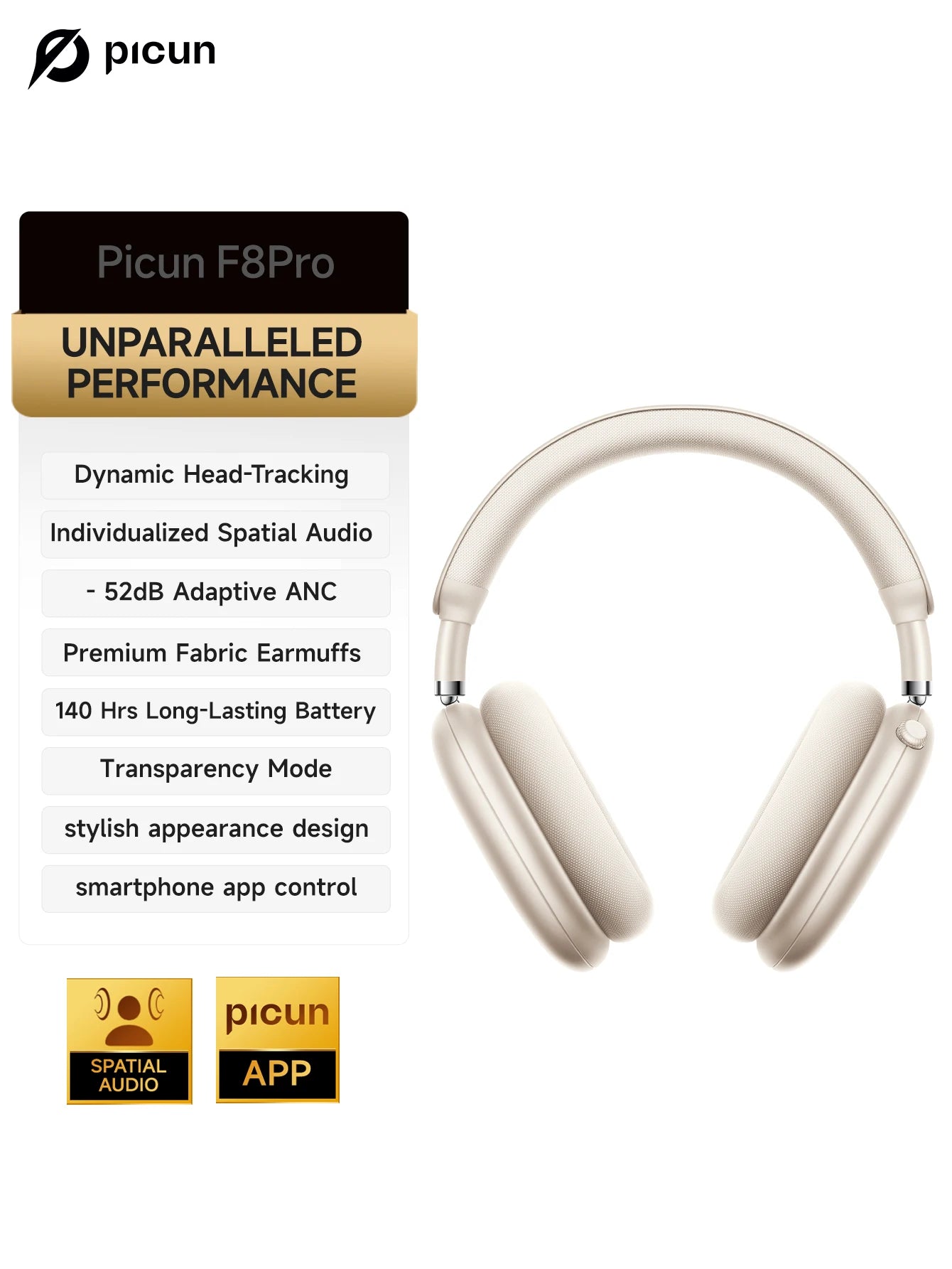 Picun F8 Pro -52dB Adaptive ANC Over Ear Headphone HIFI 3D Spatial Audio Wireless Earphone Bluetooth 6.0 140H Time Headset