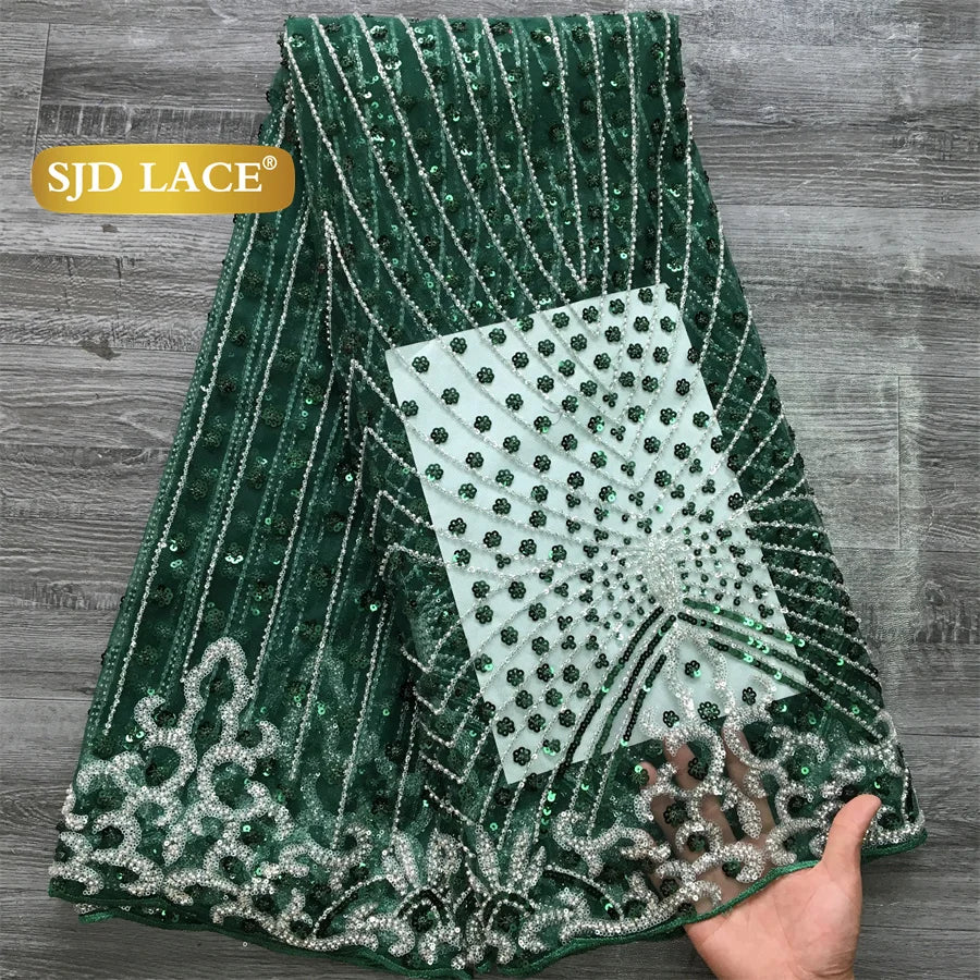 SJD LACE African Luxury Beads Mesh Lace Fabrics Nigerian Tulle 2025 French Tulle Beaded Net Lace for Women Evening Dresses A4034