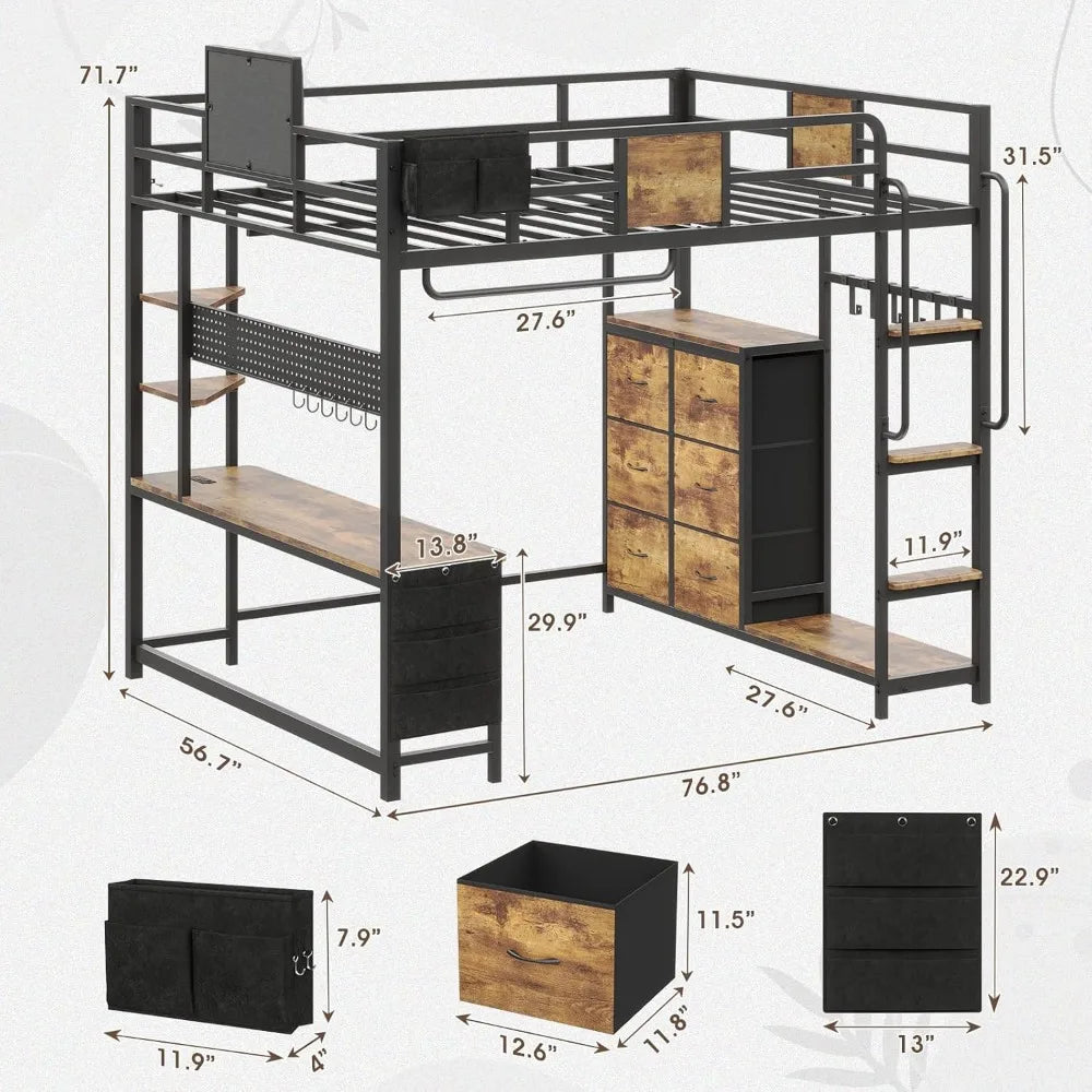 Loft Bed with Desk Full Size,Full Size Bed Frame with 6 Storage Drawers, 2 Bedside Organizer,6 Movable Hooks,LED Lights & Chargi