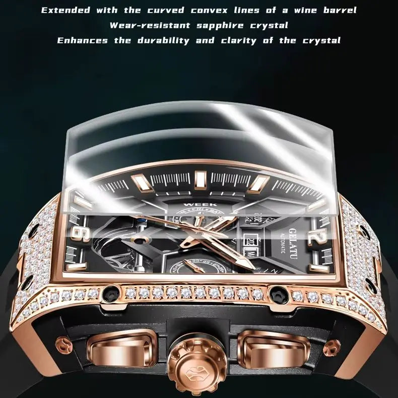 GELATU 6016 Skeleton Flywheel Automatic Men Watch Original Waterproof Silicone Strap Luxury Brand Diamond Men Mechanical Watch