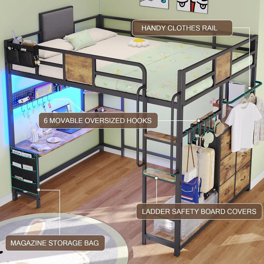 Loft Bed with Desk Full Size,Full Size Bed Frame with 6 Storage Drawers, 2 Bedside Organizer,6 Movable Hooks,LED Lights & Chargi