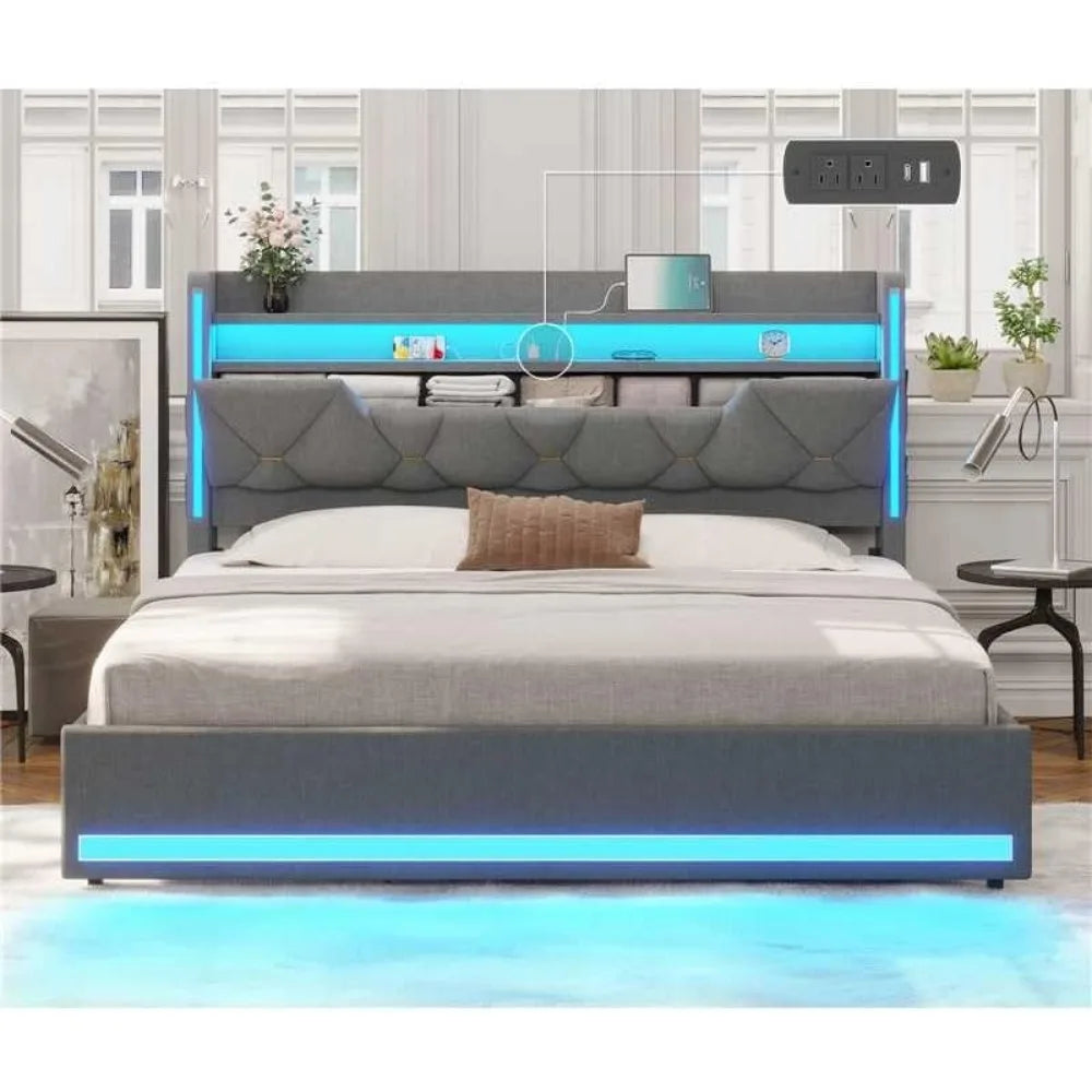 Queen Bed Frame with Storage Headboard, Metal Bed Frame with LED Lights & Charging Station, Upholstered Queen Bed with Marshmall