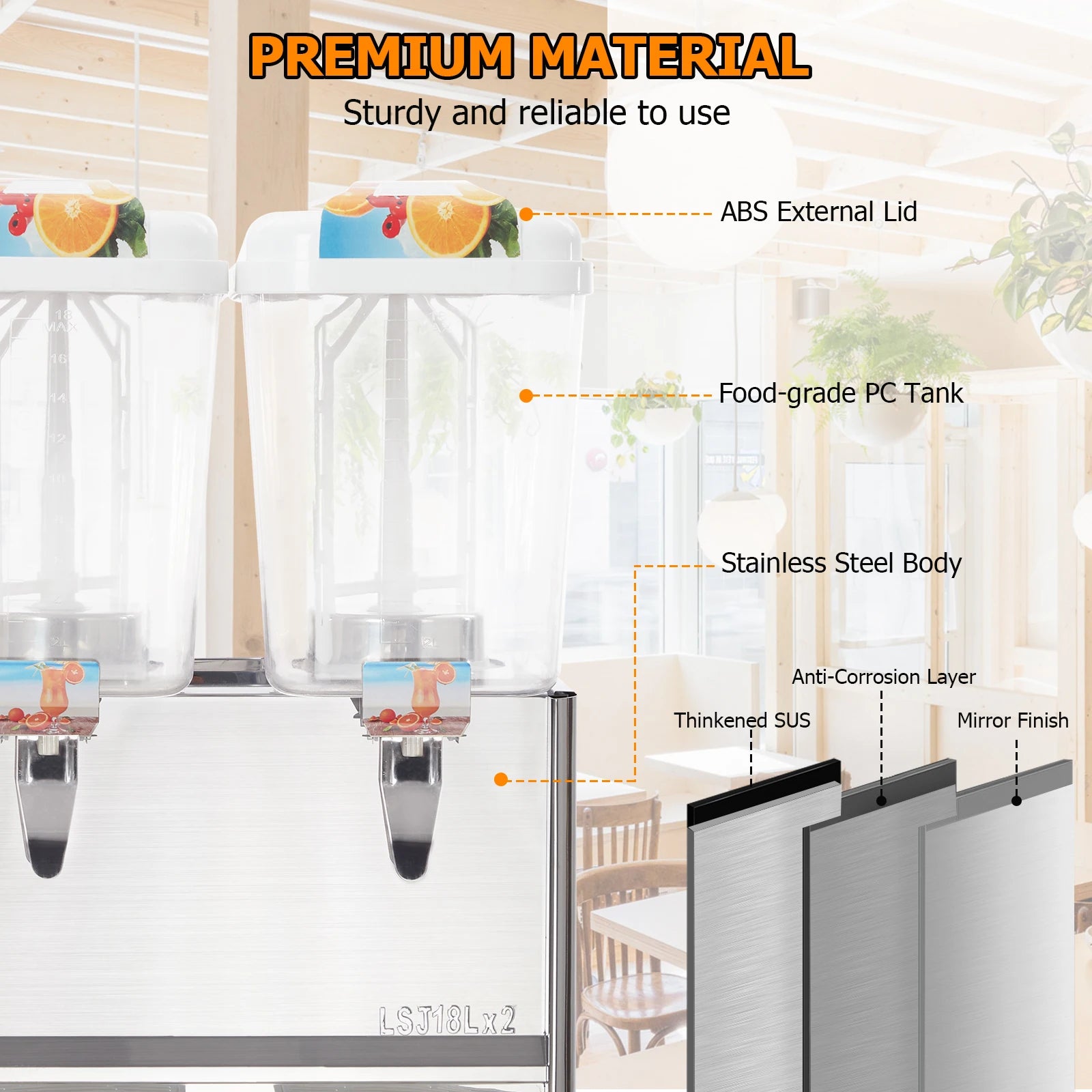280W Commercial Beverage Dispenser,2 Tanks 9.5 Gallon 36L Commercial Juice Dispenser,18 Liter Per Tank With Thermostat Controlle