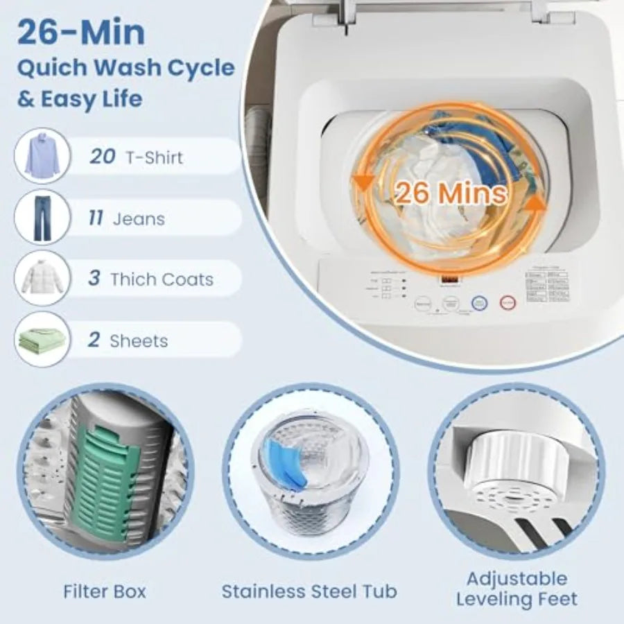 Portable washing machine for apartment/dorm/RV/camping: 17Lbs capacity, full-automatic top load, 10 cycles, 3 water levels, LED