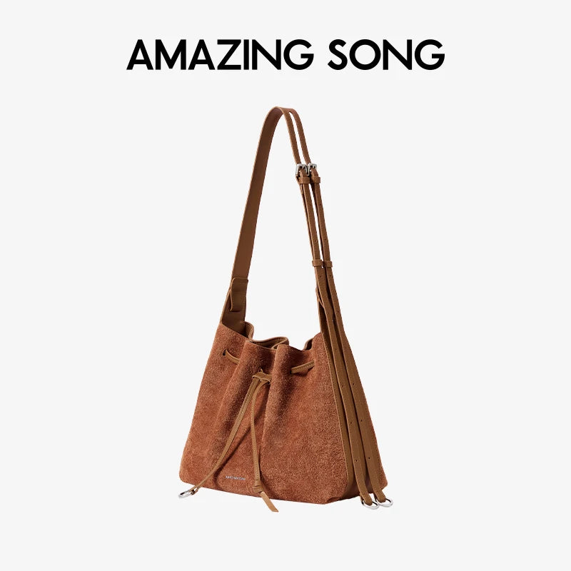 Amazing Song Donut Drawstring Bucket Bag Women's Diagonal Package Autumn Faux Suede 2025 New Original Design Women's Fashion Bag