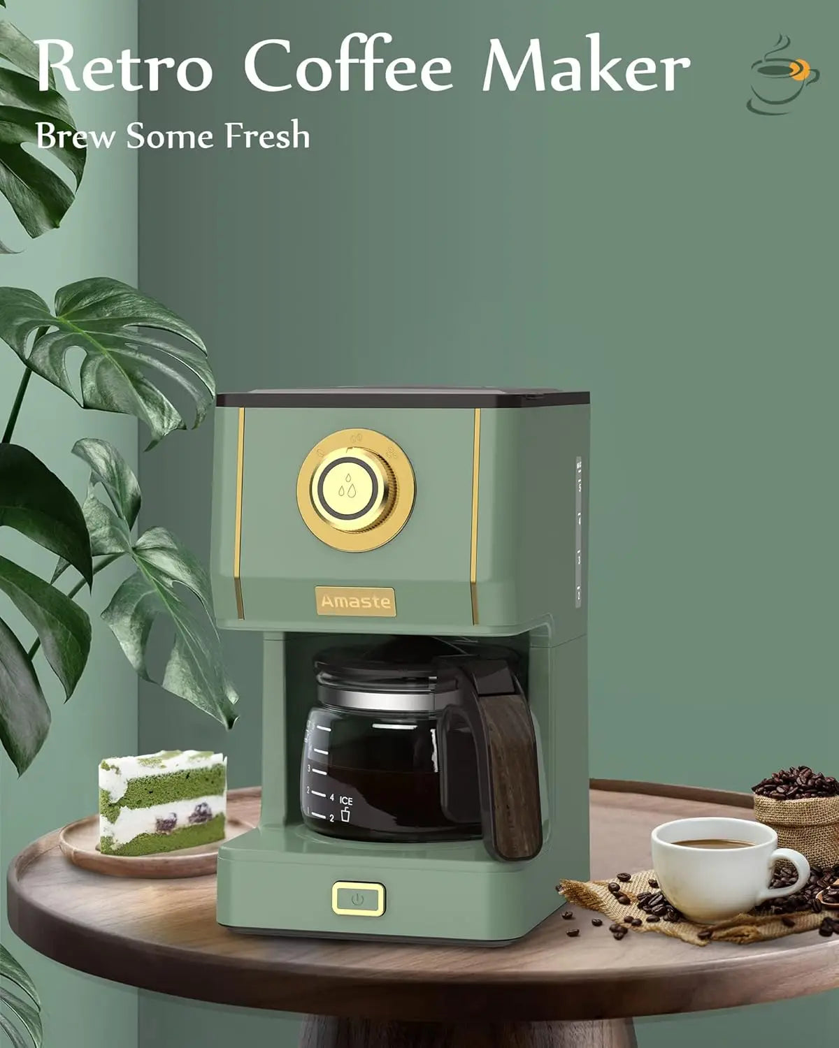Drip Coffee Maker, Coffee Machine with 25 Oz Glass Coffee Pot, Retro Style Coffee Maker with Reusable Filter & Three Brewing