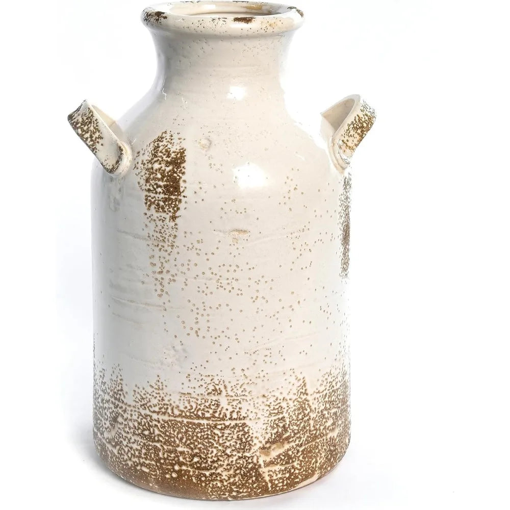Ceramic Rustic Farmhouse Vase, 14 Inch Distressed Decorative Flower Vase for Home Decor, Large White Vase for Living Room