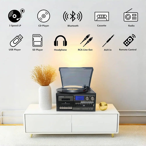 10-in-1 Vintage Turntable: 3-Speed Bluetooth, CD, Cassette, AM/FM Radio, USB, Aux, RCA (Black-Grey)