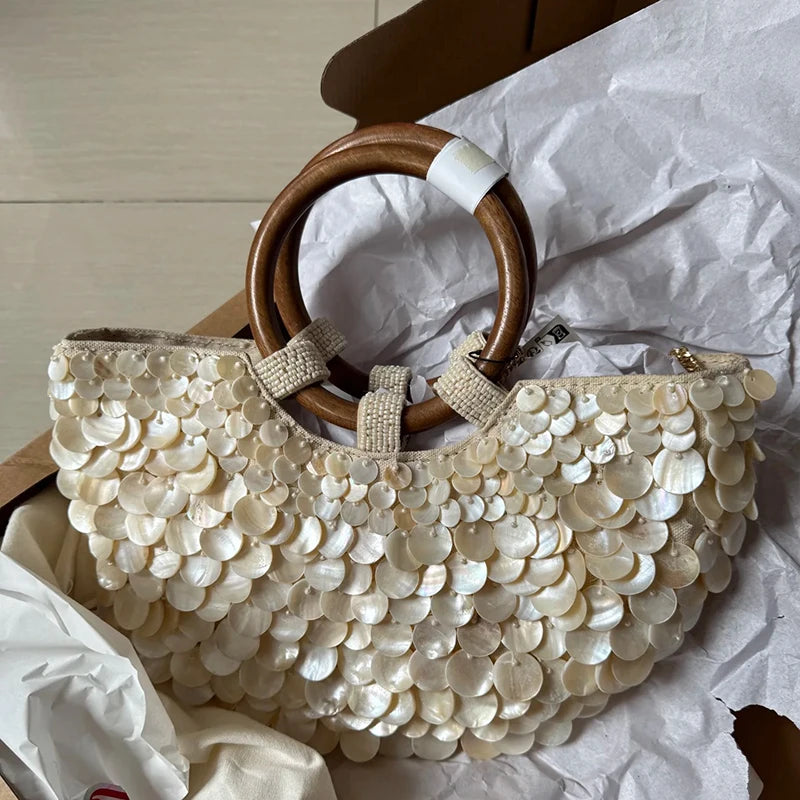 Wood Handbag Top-Handle White Crystal Clutch Bag High Quality Women's Wedding Hand Woven Handbags Fashion Bag