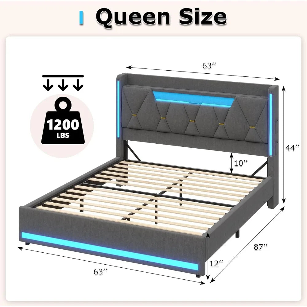 Queen Bed Frame with Storage Headboard, Metal Bed Frame with LED Lights & Charging Station, Upholstered Queen Bed with Marshmall