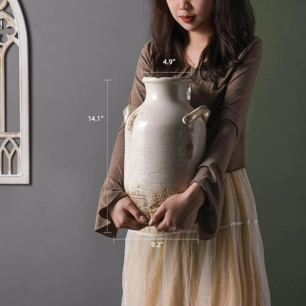 Ceramic Rustic Farmhouse Vase, 14 Inch Distressed Decorative Flower Vase for Home Decor, Large White Vase for Living Room