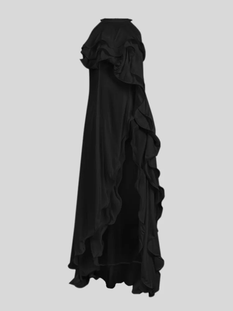 Modigirl Party Long Black Dresses for Women Loose Sleeveless Layered Ruffle Trim Split-Front Elegant Wedding Prom Maxi Dresses