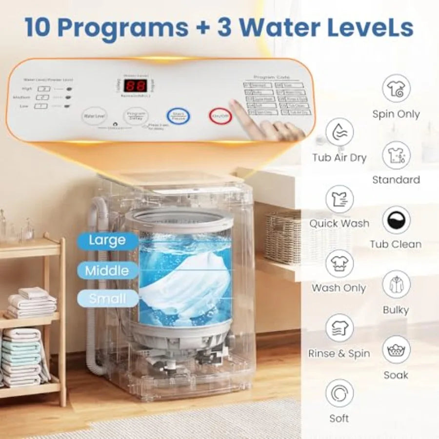 Portable washing machine for apartment/dorm/RV/camping: 17Lbs capacity, full-automatic top load, 10 cycles, 3 water levels, LED