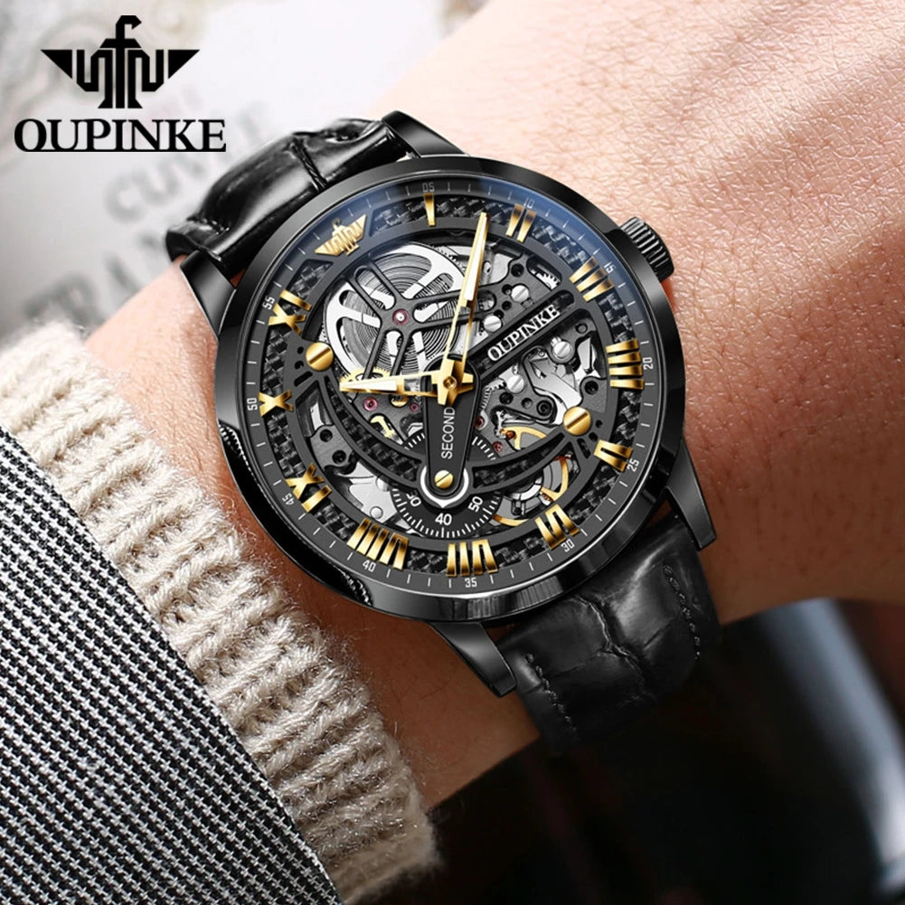 OUPINKE 3173 Man Watches Top Brand Automatic Mechanical Watch For Men Skeleton Flywheel Luxury 50M Waterproof Dress Hand Clock