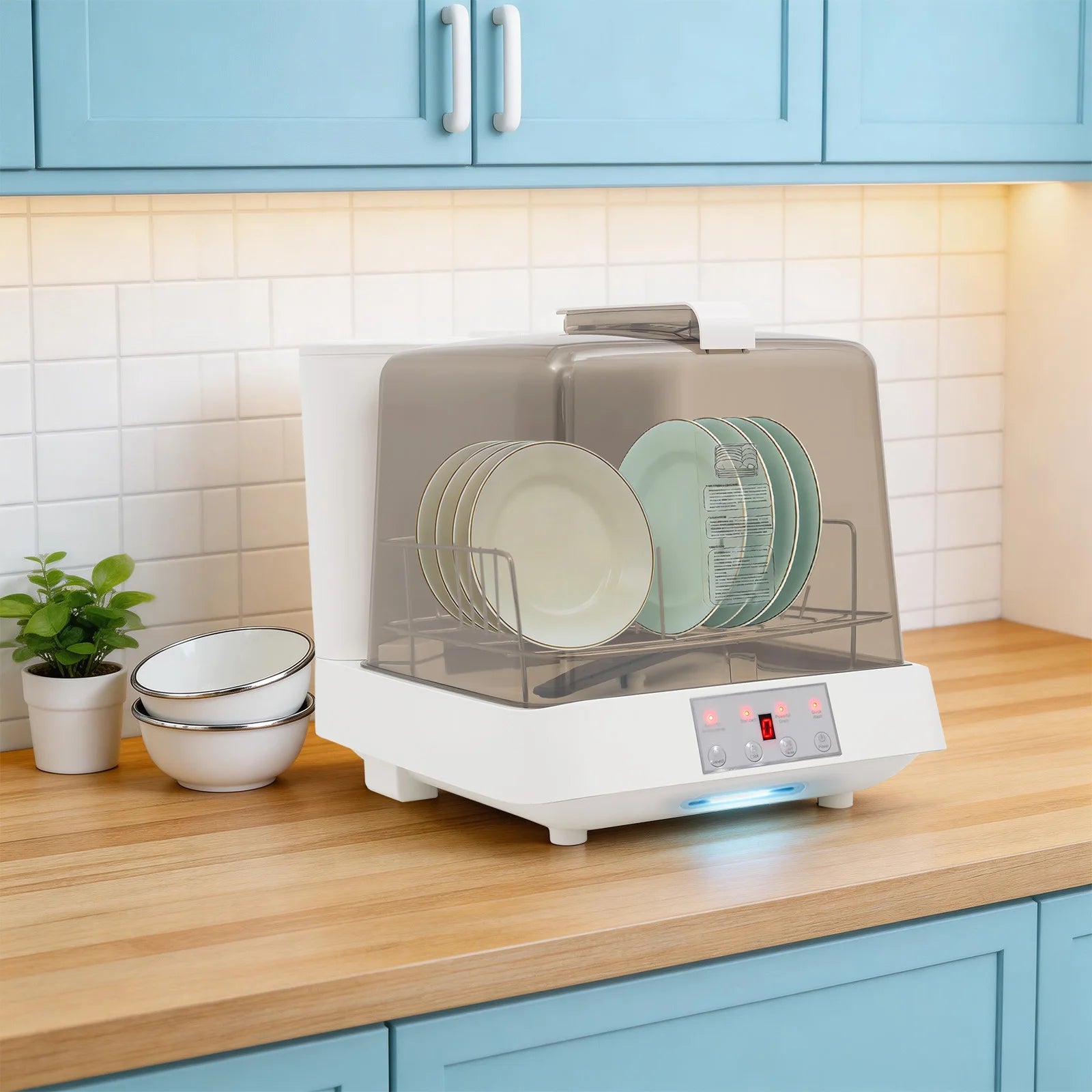 Modern Tank Built-in Portable Tabletop Dishwasher Touch Button Operation 360° Bottom Spray Arm Low Water Usage Automatic Washing And Drying All In One Compact Freestanding Dish Washing Equipment No Fixed Water Inlet Needed