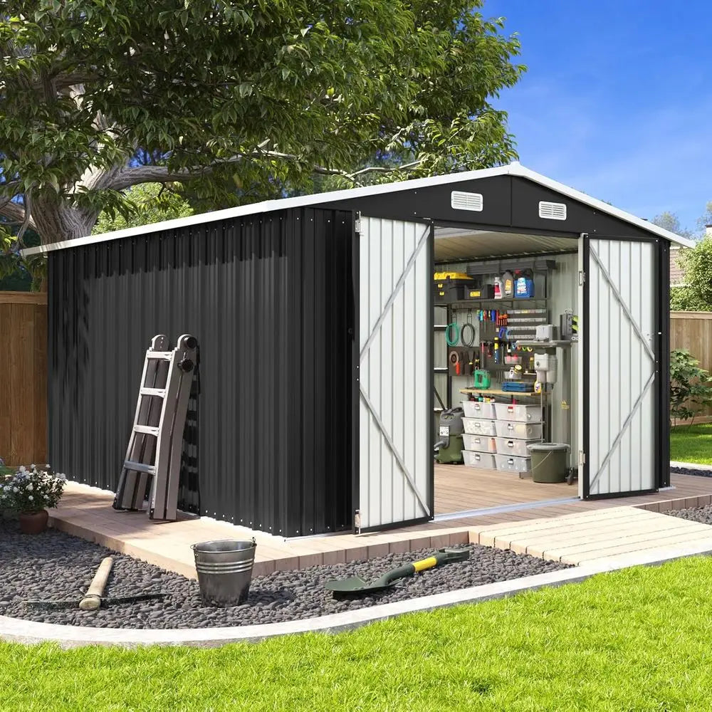 10 x 12-Foot Outdoor Storage Shed with Double Hinged Door, Lockable and Sloped Roof for Garden and Backyard Use, Black